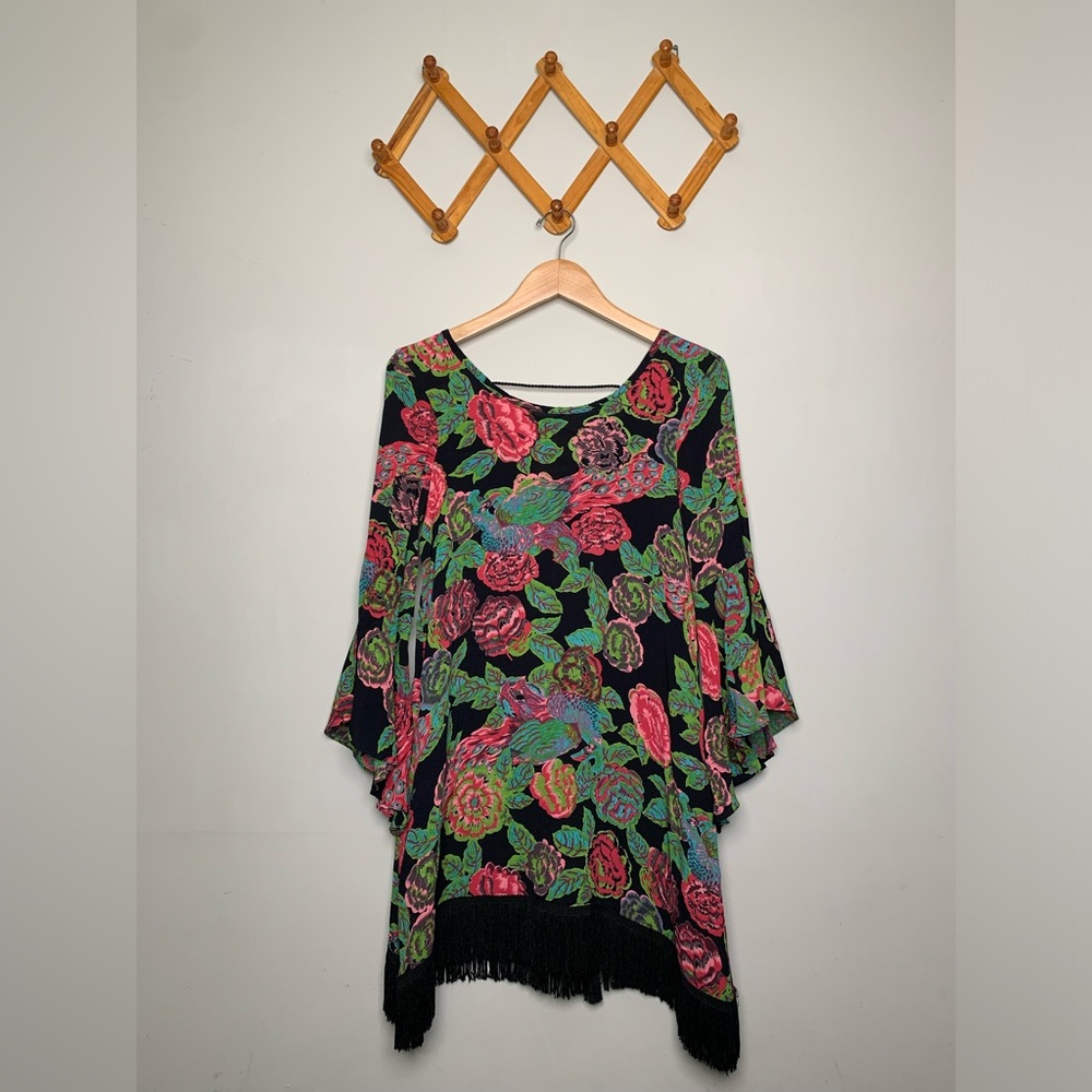 Women’s Uncle Frank Black Floral Fringe Tie Back Meagan Dress SZ XS